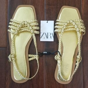 ZARA Metallic Gold Braided Sandal - Size 39 - US Size 8 - NWT